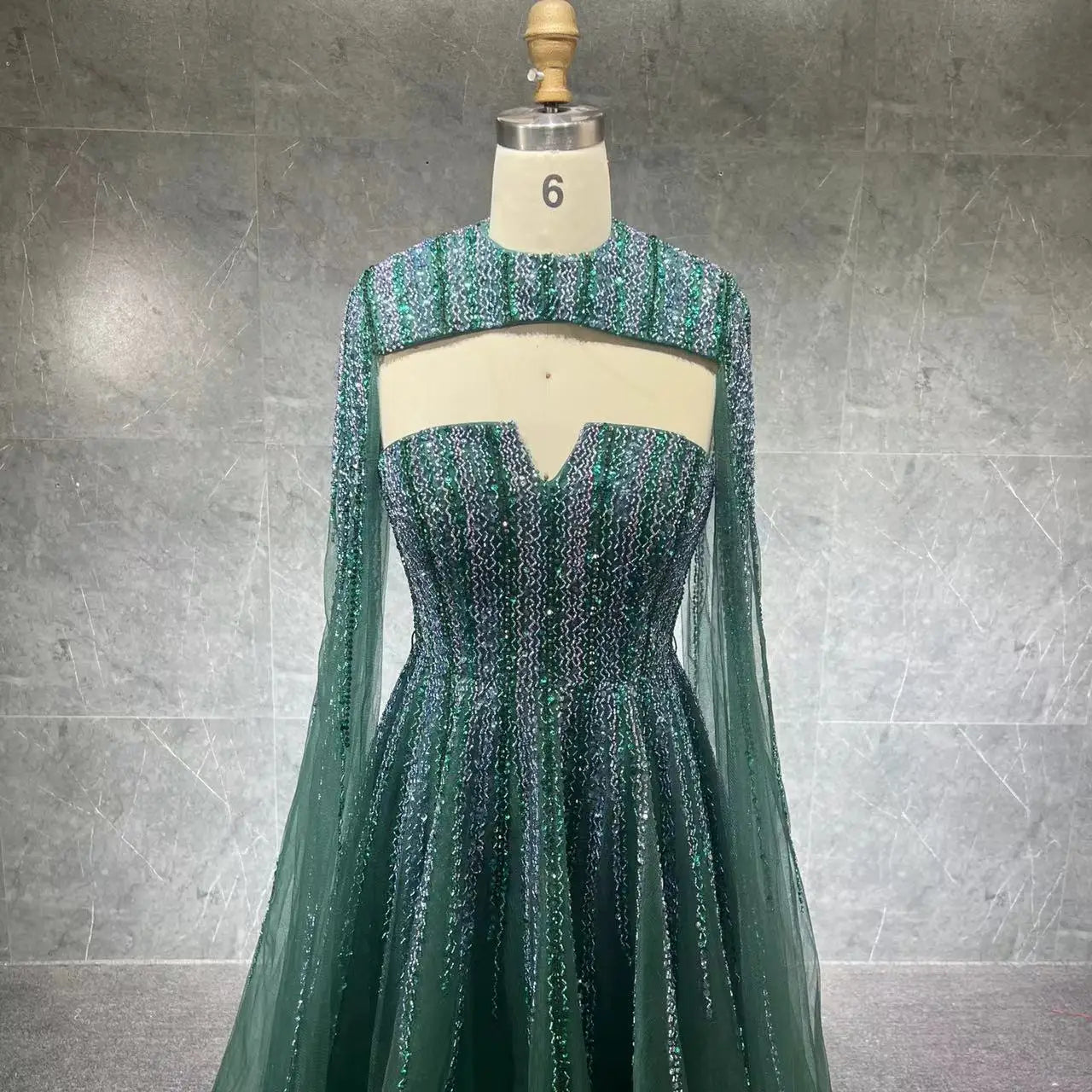 2022 Luxury Beaded V Neck Cape Sleeves A-line Evening Gown for Women Formal Party Dresses Full Natural OEM Service Tulle Adults