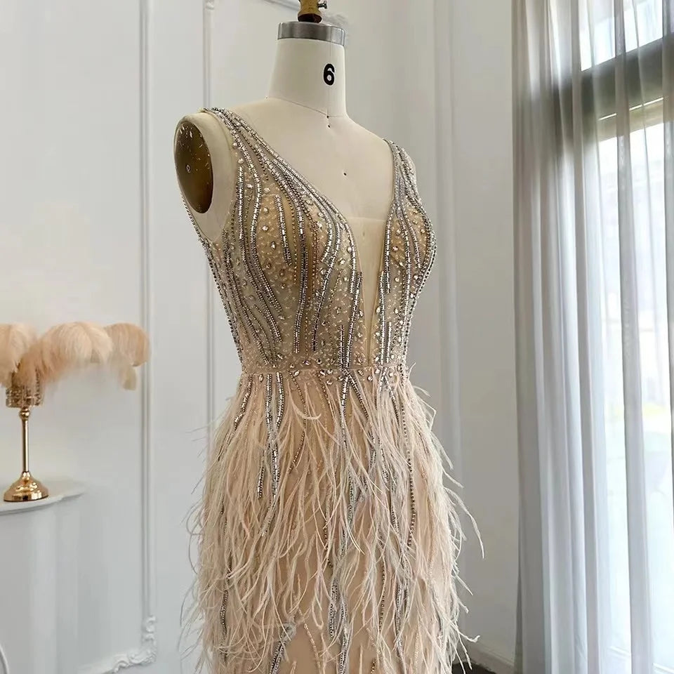 New Design V-Neck Spaghetti Strap  Feathers Beading Mermaid Dress for Women Party
