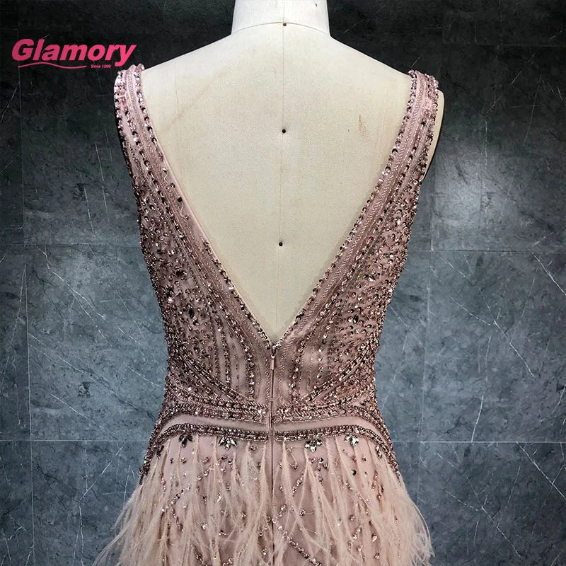 2020 New Design Pink Beading Mermaid Evening Gowns Sexy V Neck Sleeveless With Feater Prom Dress