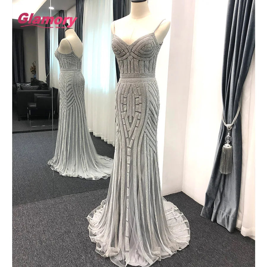 Luxury Shiny Rhinestone Dresses Sexy Bodycon Spaghetti Strap Prom Women Trumpet Mermaid Evening Dress