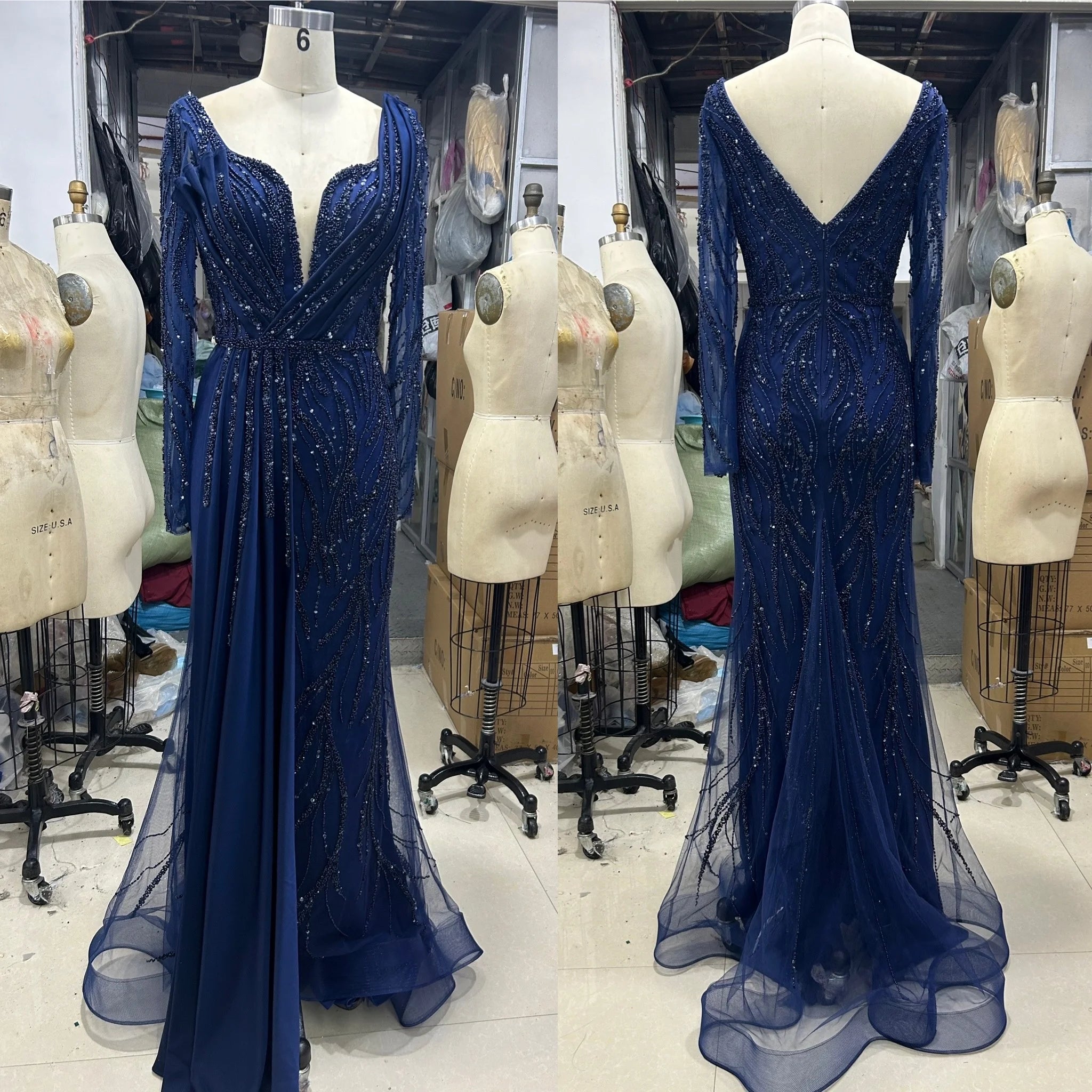 Wholesale Green V-neck Mermaid Beaded Evening Dresses Gowns 2024 Luxury Elegant Satin for Women Party