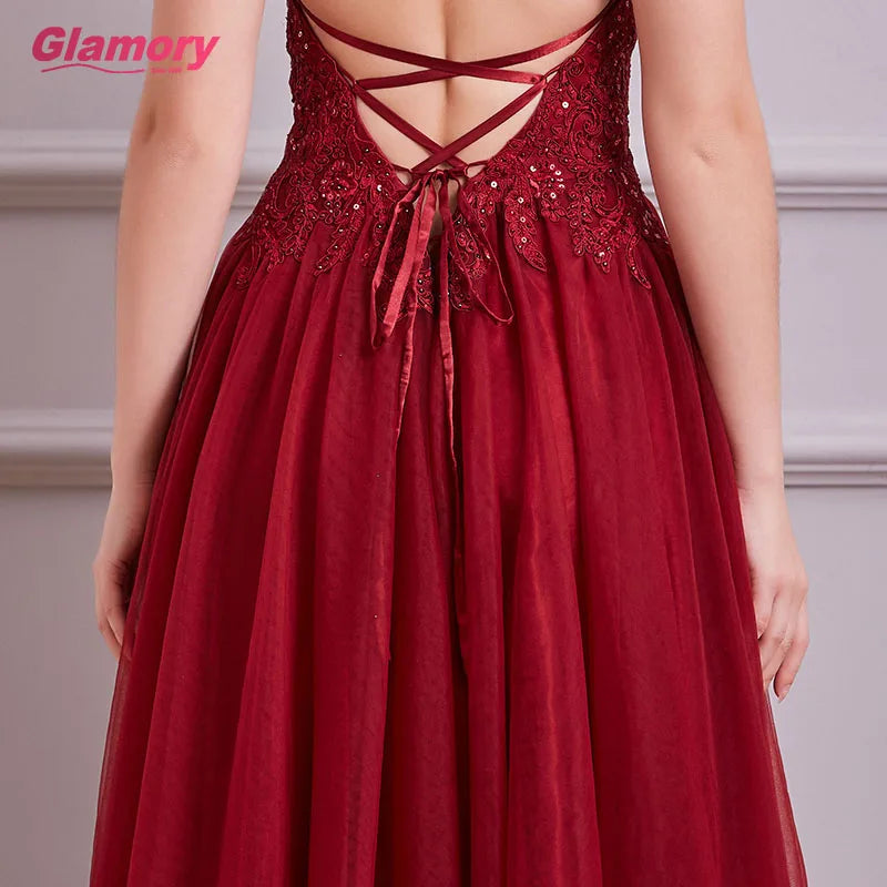 Hot Sales Girls Dress Party Banquet Sexy Backless Burgundy Gown Wholesale Lace Evening Dresses for Women