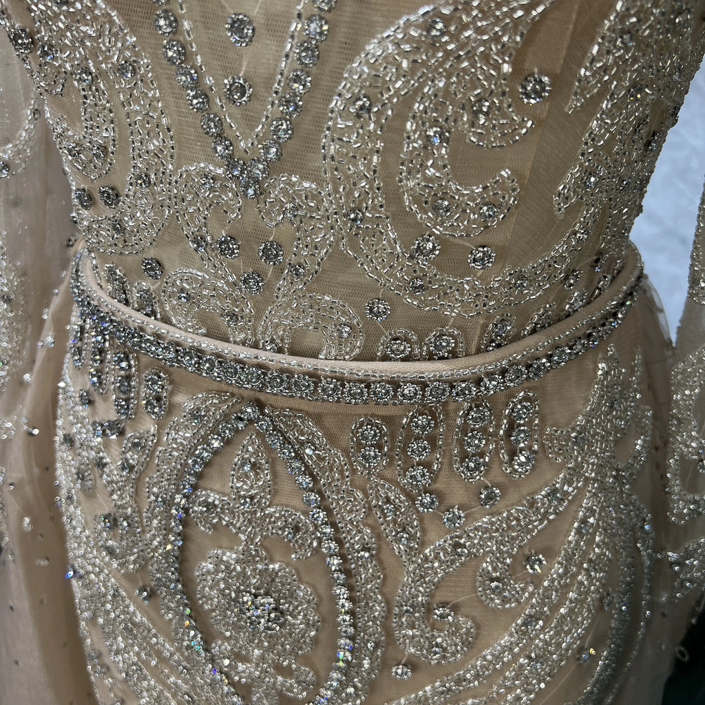 New Muslim Nude Silver Elegant Mermaid Beaded Luxury With Skirt Long Sleeve Evening Dresses Gowns