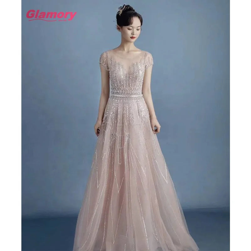 Luxury Evening Dress Beads O Neck Ball Gown Women Dresses Gown Ladies Prom Dresses