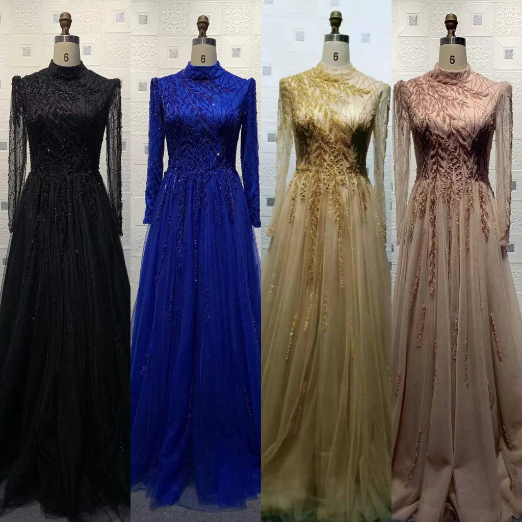 New Arrival Gold High Neck Long Sleeve Luxury Handmade Beading Evening Dress