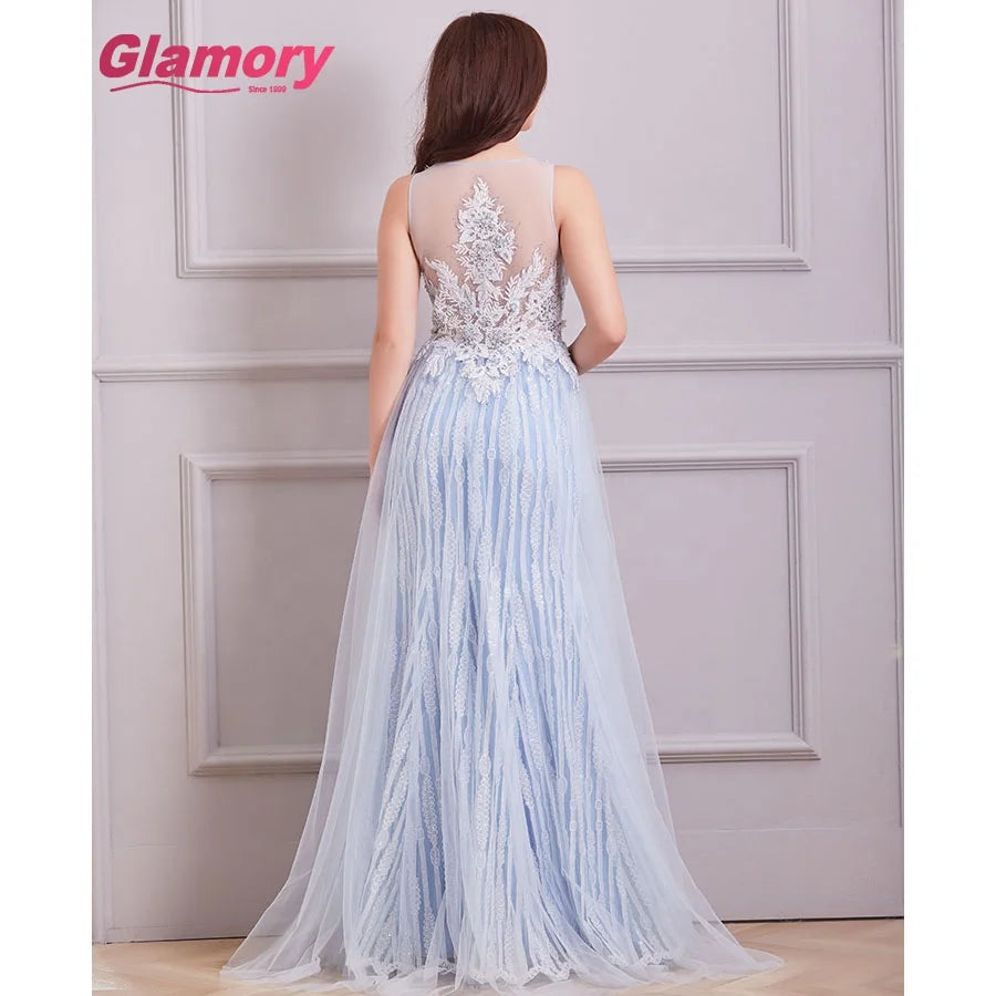 Light Blue Women Lace Applique Tulle Evening Dress V-neck Fantasy Dress