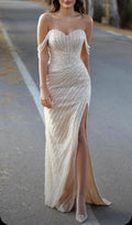 New Arrival Crystal Mermaid Off Shoulder Prom Gown with Front Split Beaded Evening Dresses for Women Wedding Party Gowns
