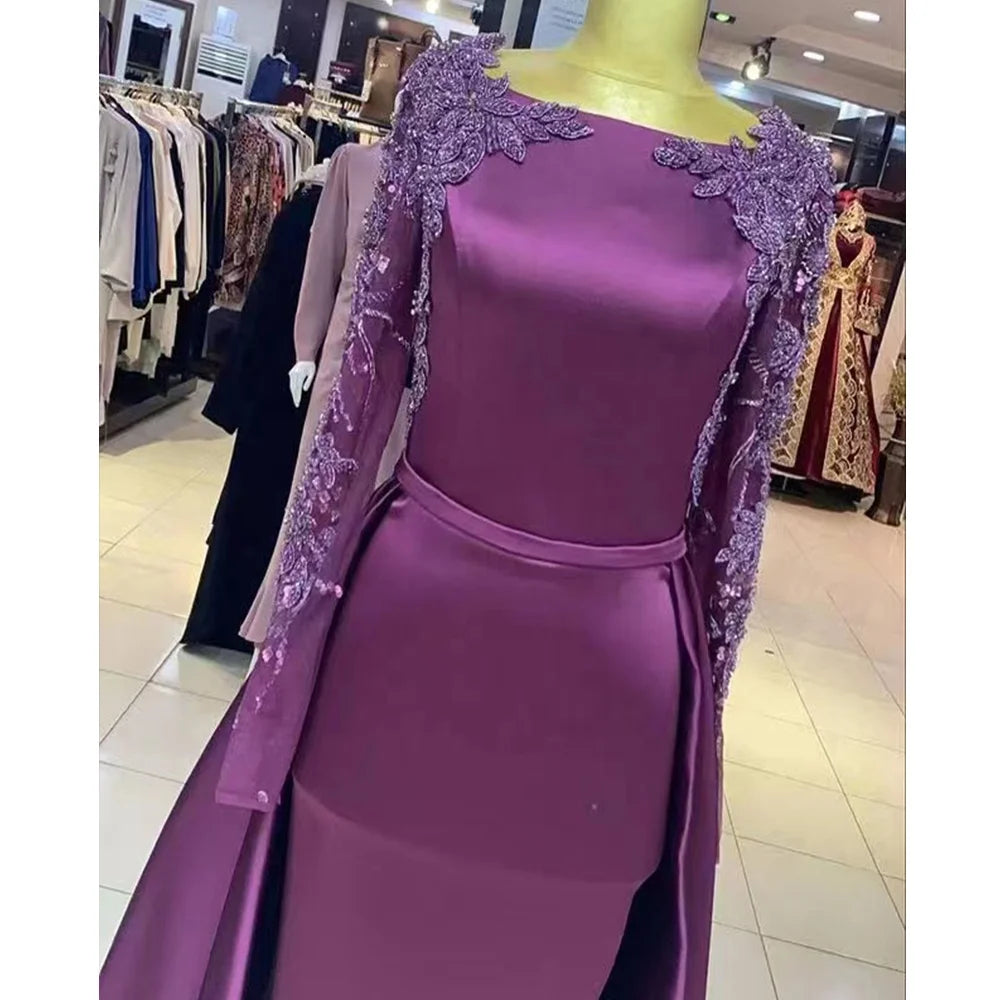2022 New Arrival Muslim Satin Evening Dresses Purple Formal Party Evening Dresses for Women Luxurious