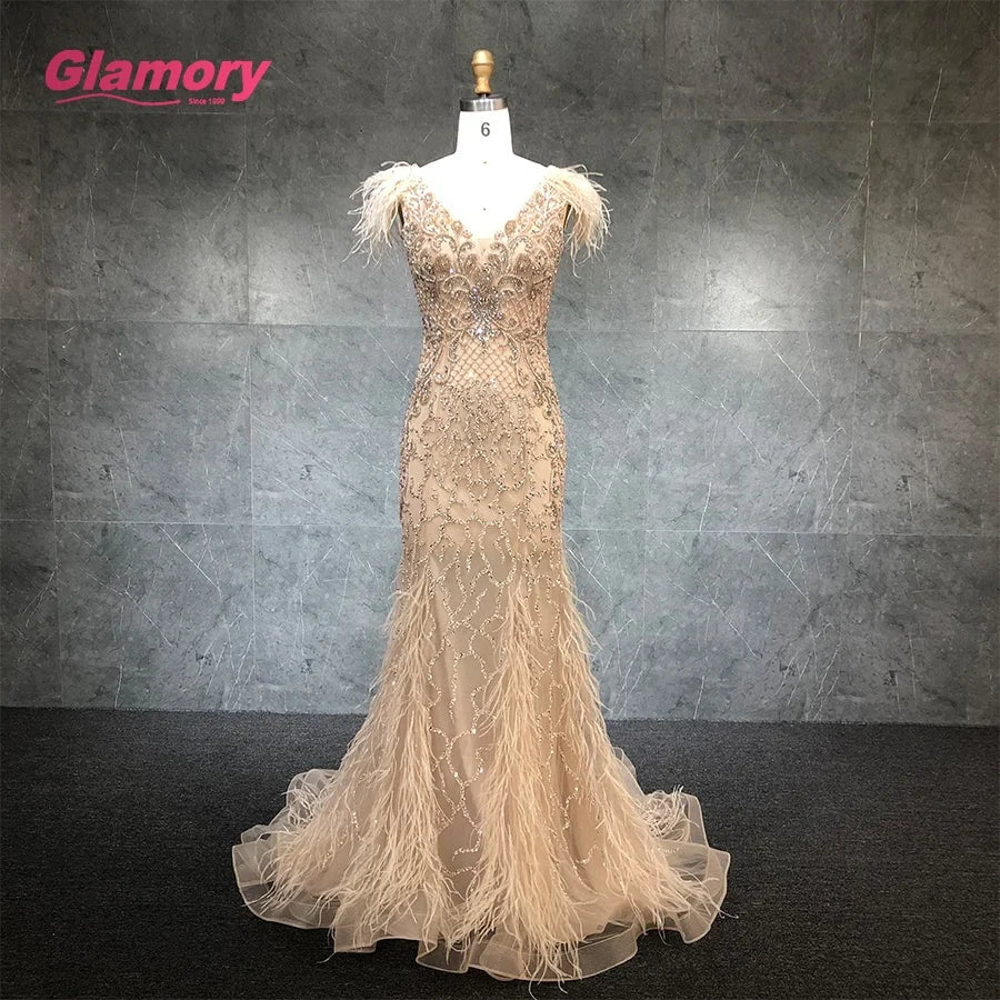 2021 New Champagne V Neck Sleeveless Sexy Luxury Mermaid  Beaded Evening Dresses With Feathers Party Gowns