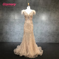 2021 New Champagne V Neck Sleeveless Sexy Luxury Mermaid  Beaded Evening Dresses With Feathers Party Gowns