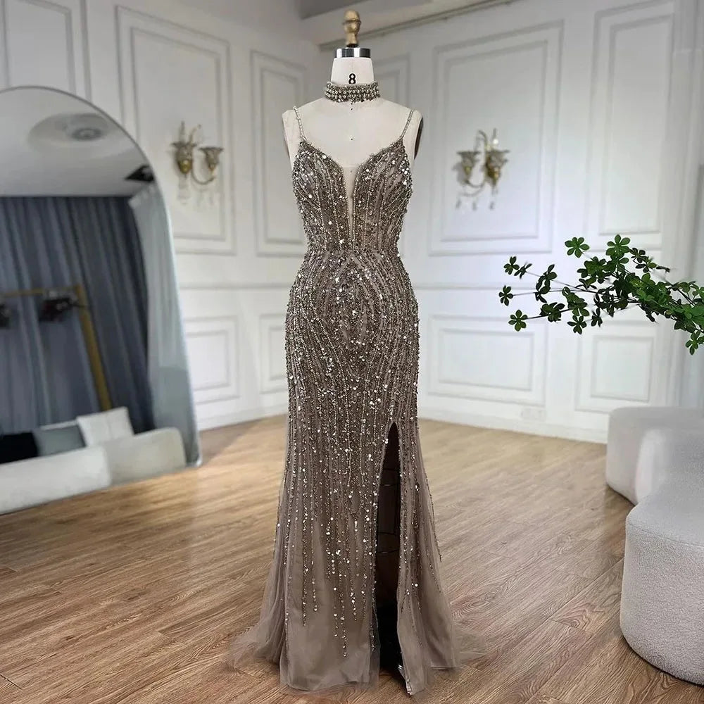 Caramel Mermaid Spaghetti with Split Strap Beaded Evening Dresses Prom Gowns Customize Party 2025