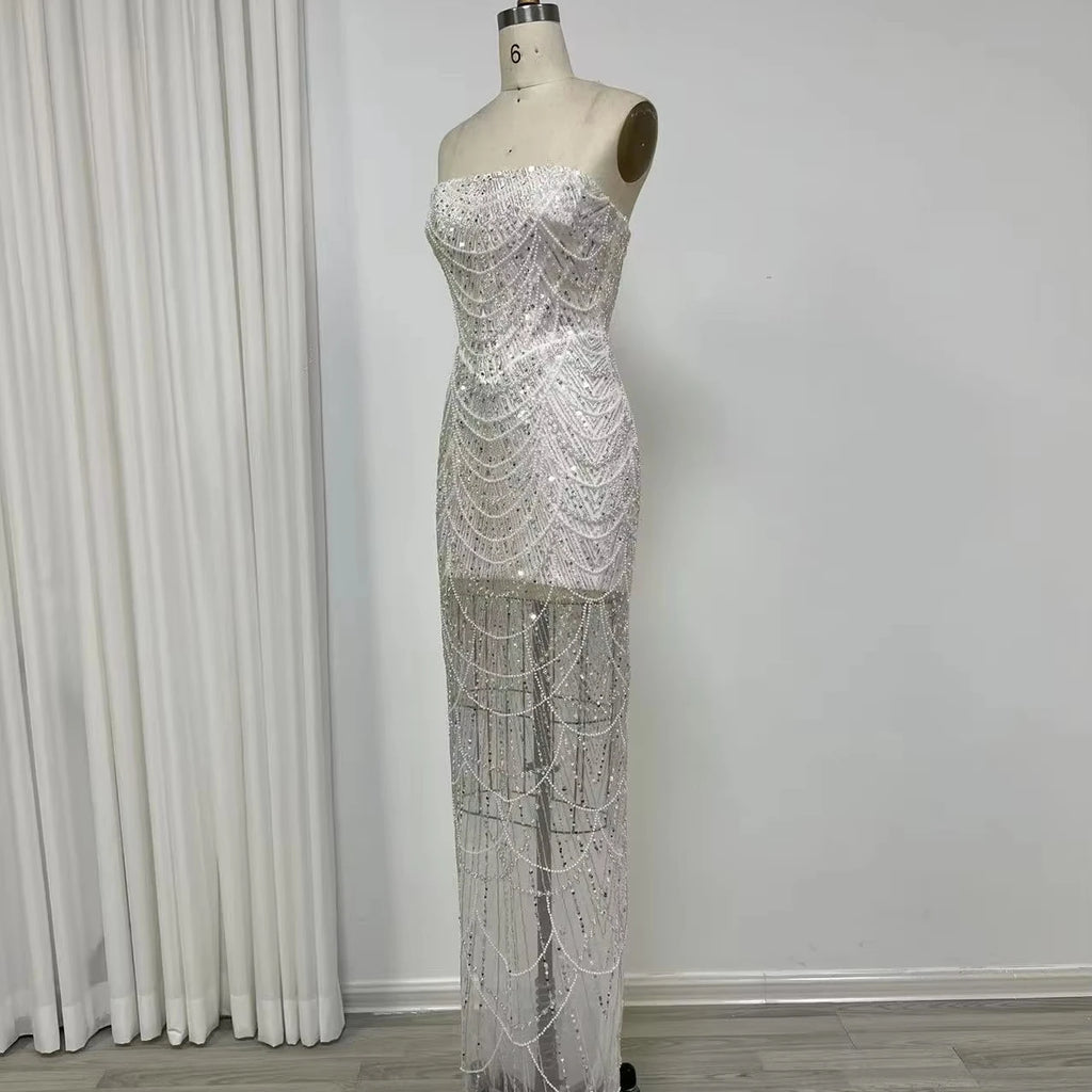 New Arrival Nude Luxury Beaded Pearls Mermaid Evening Dresses 2025 Women Party Evening Gown