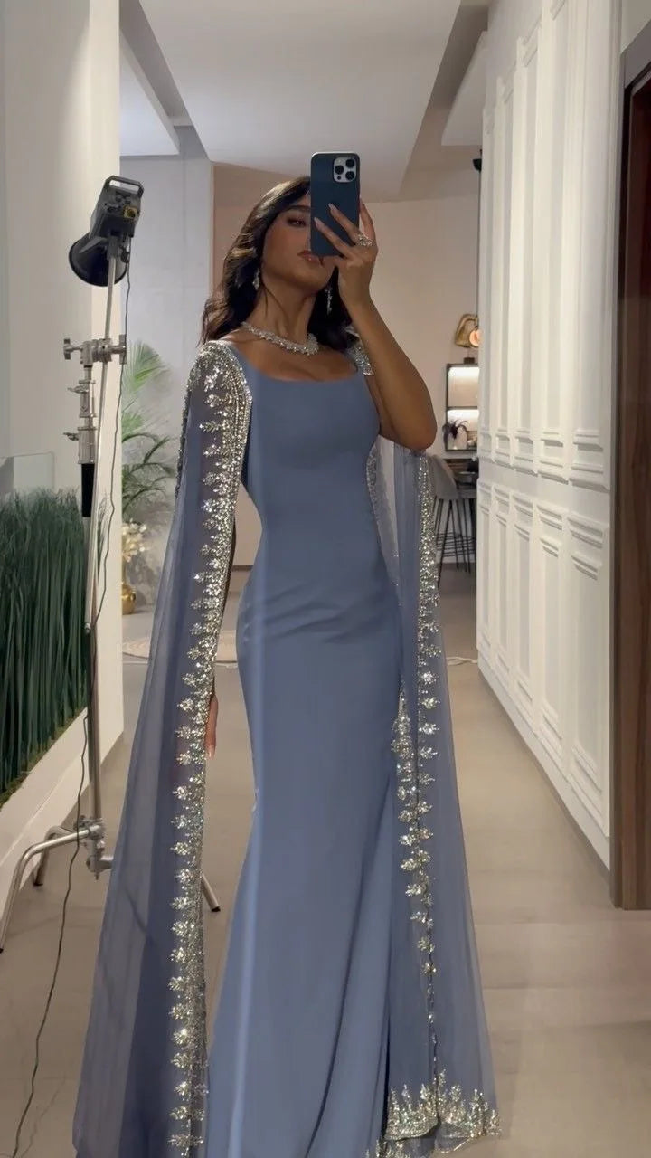 Fog Blue Cape Sleeves Luxury Pakistani Dress Gowns 2023 Mermaid Beaded Elegant for Women Party