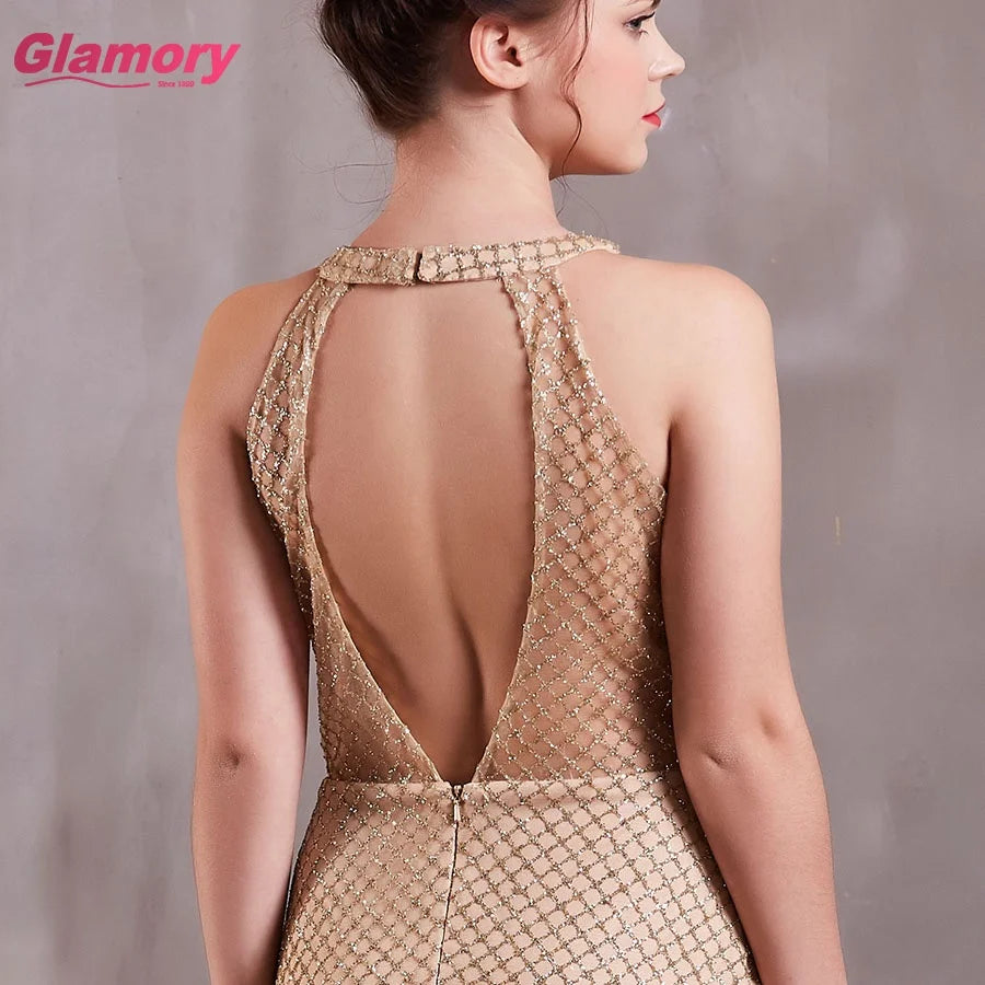 Gold Halterneck Mermaid Prom Wholesale Evening Dresses Sequin Tulle Evening Dress