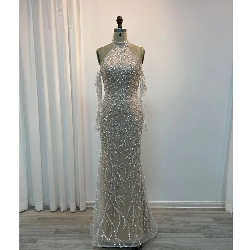 Bride Nude Pearls Halter Sleeveless With Gloves for Women Party Gown Elegant Cocktail Night Gowns