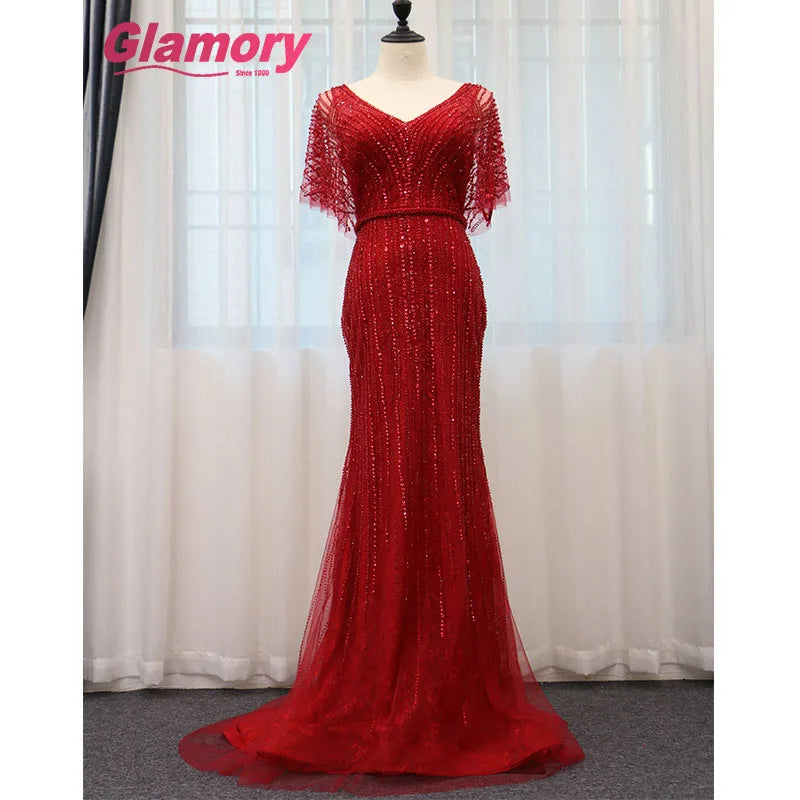 Burgundy Dresses 2020 Long Bat Sleeve Lace Tulle Evening Evening Dress Beaded