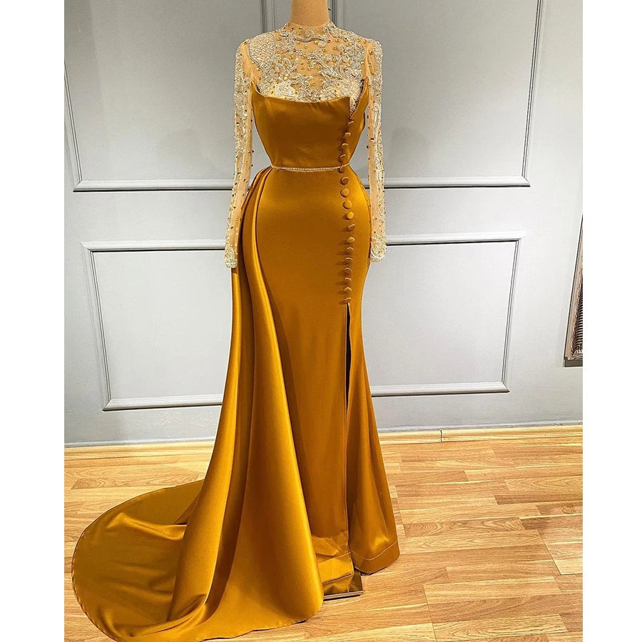 2022 New Arrival Fashion High Neck Elegant Gown Ladies Long Sleeves Mermaid Beaded Evening Gowns