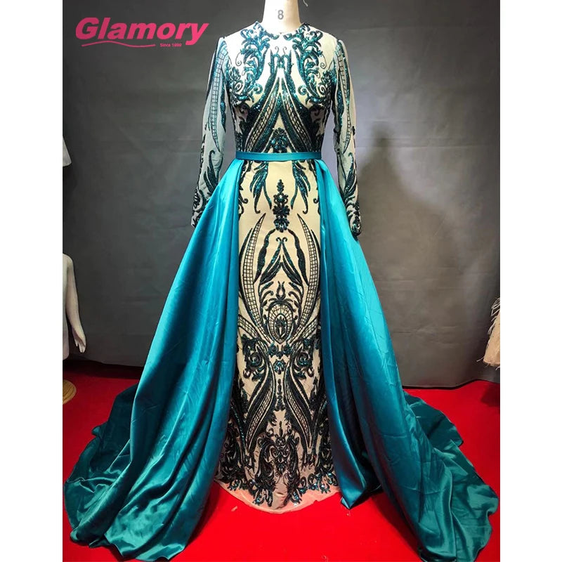 Luxury Muslim Mermaid Evening Sequin Long Sleeves Detachable Train Dubai Saudi Arabic Formal Dress Prom Gown Robe De Soiree
