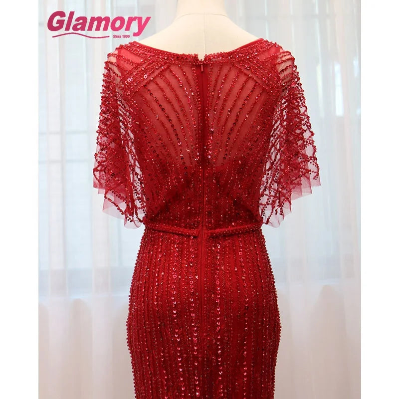 Burgundy Dresses 2020 Long Bat Sleeve Lace Tulle Evening Evening Dress Beaded