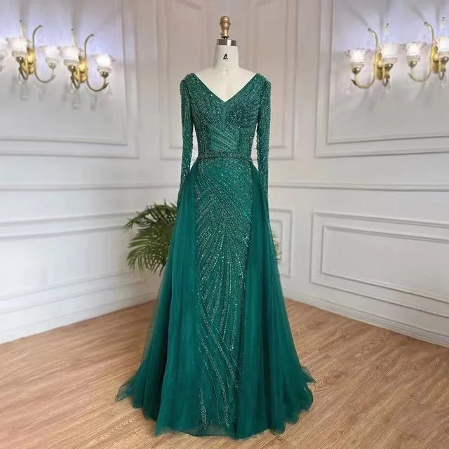 2023 Elegant Luxury Beaded V-Neck Long Sleeve Evening Gowns Muslim Party Dresses