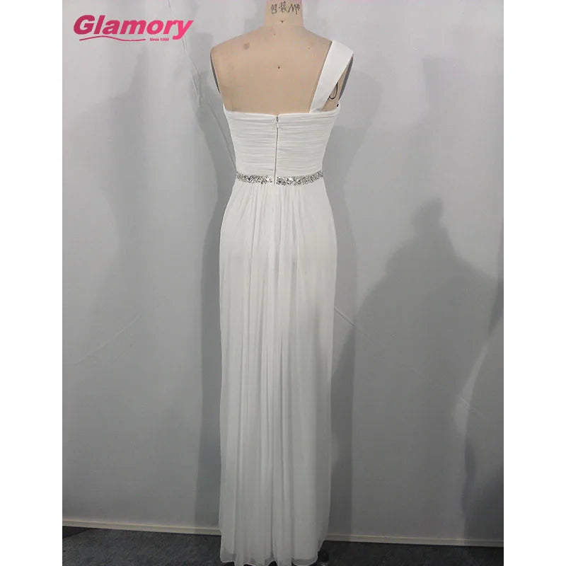 Ladies Elegant Pleating Chiffon Long White Bride Sweetheart One-shoulder Beaded Belt Evening Dress for Wedding