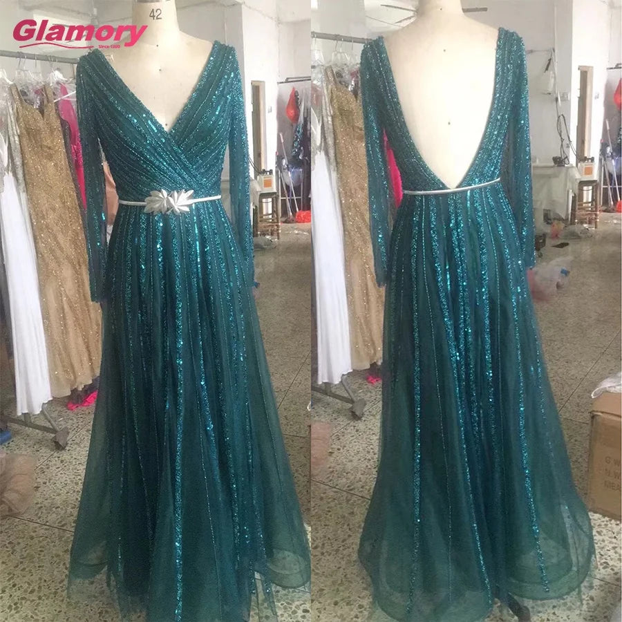 2021 Muslim Luxury Beaded Green V Neck a Line Full Sleeves Evening Party Long Gowns for Women