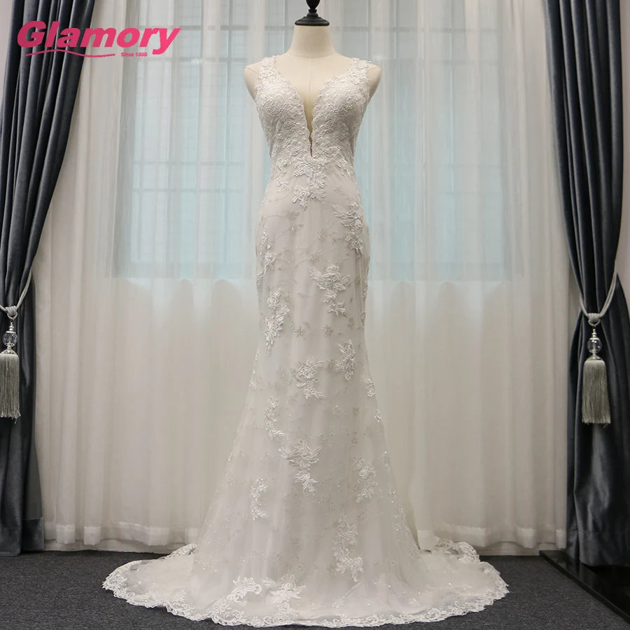 White Mermaid Vestidos De Novia Sleeveless Floor Length Beaded Dresses Lace Applique Backless Wedding Gown