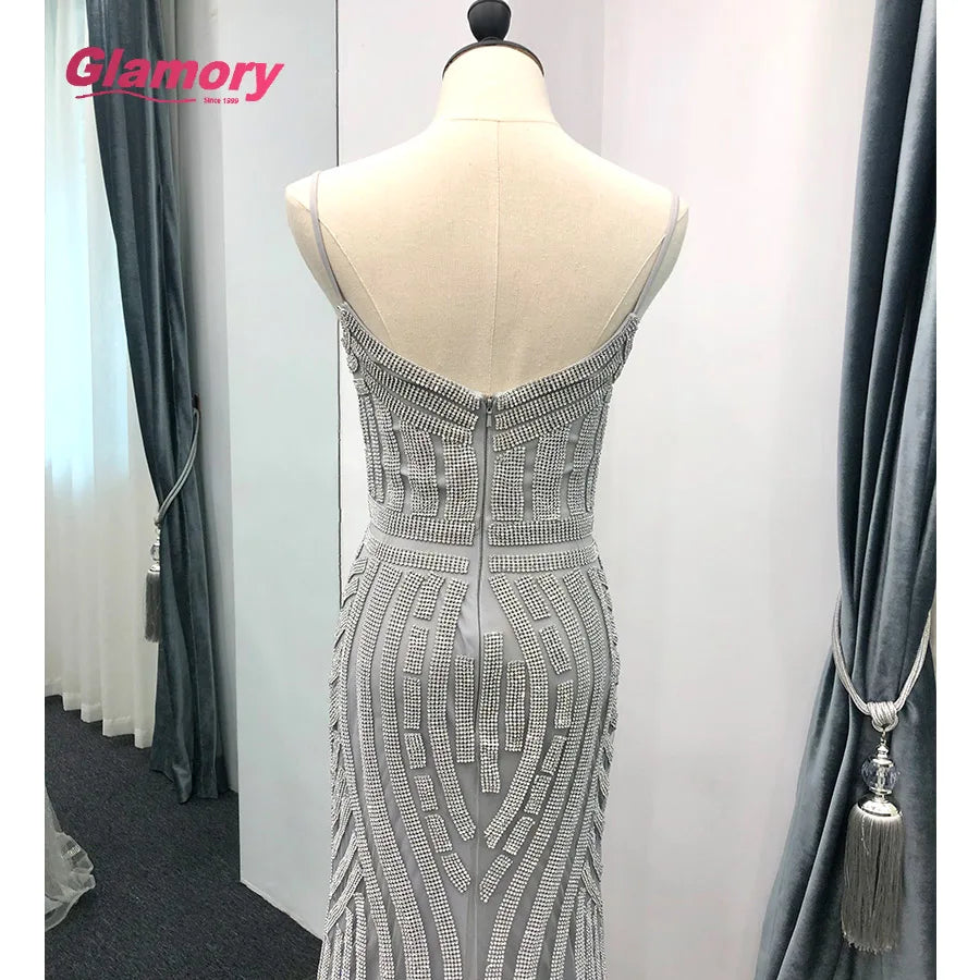 Luxury Shiny Rhinestone Dresses Sexy Bodycon Spaghetti Strap Prom Women Trumpet Mermaid Evening Dress