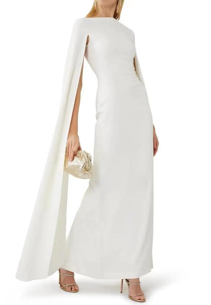 Blue / White Woman Elegant White Tight Mermaid Cape Sleeve Party Evening Bridesmaid Dresses