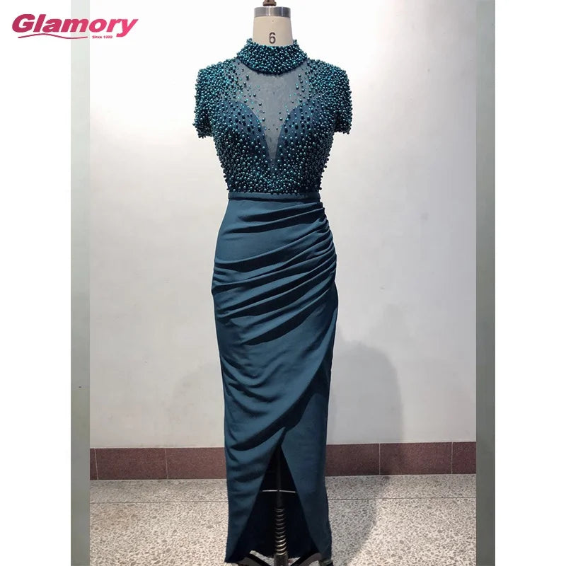 2020 New Women's Long Sleeve Vestido De Novia Pearl Split Wrapped Evening Dress O Neck African Women Formal Gowns