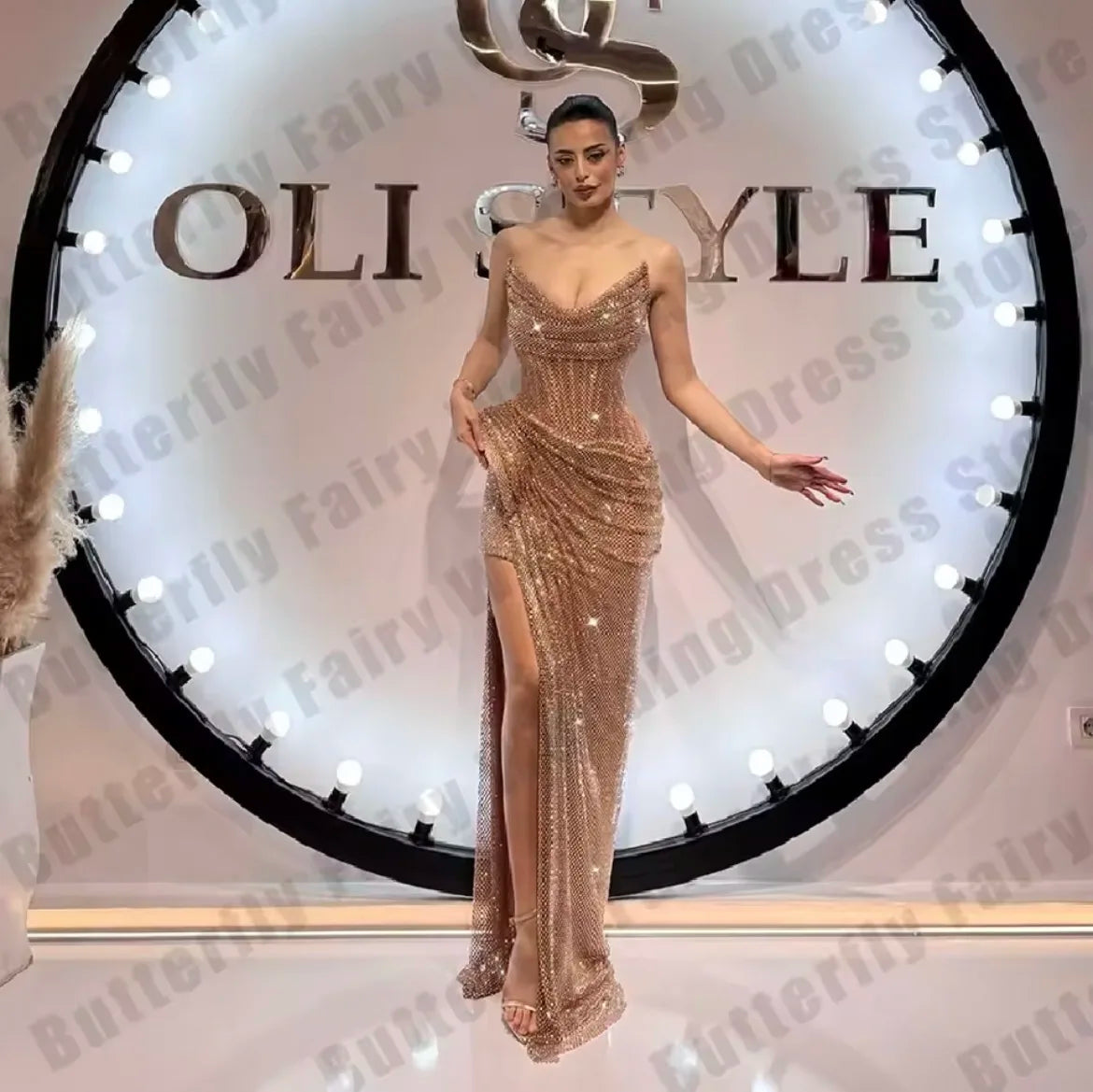 Gold Ladies' Long Floor-Length Prom Dress Sexy Sleeveless with Front Slit Beading Natural Waistline Breathable Party Style