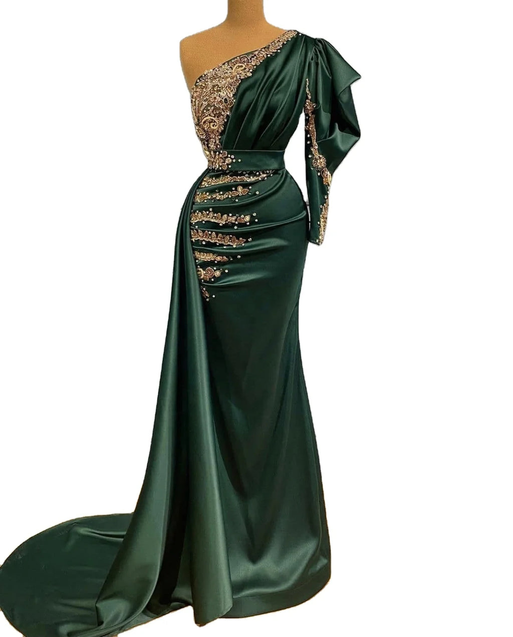 Modest One Shoulder Satin Evening Dresses 2022 Women Trumpet/Mermaid Handmade Beading Evening  Gowns