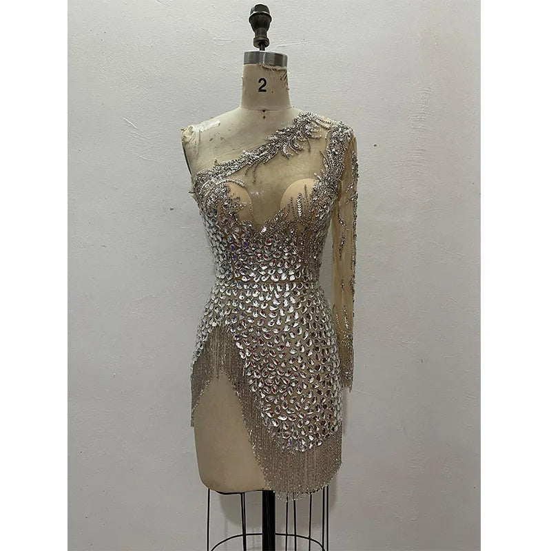 Silver Tassel Sexy Beaded Shiny Rhinestone Nightclub Breast Jewelry Rhinestone Dress