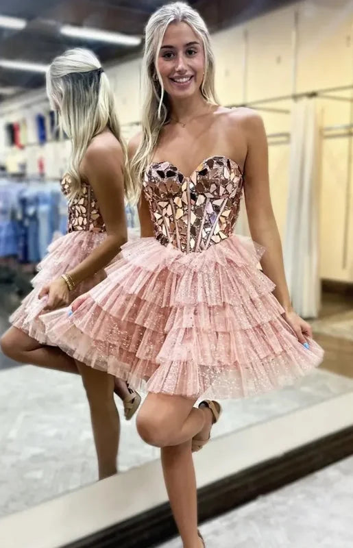 Mirror Beads Sexy Deep Sweetheart Formal  Dress Sleeveless Female  Evening Mini Skirt 2025