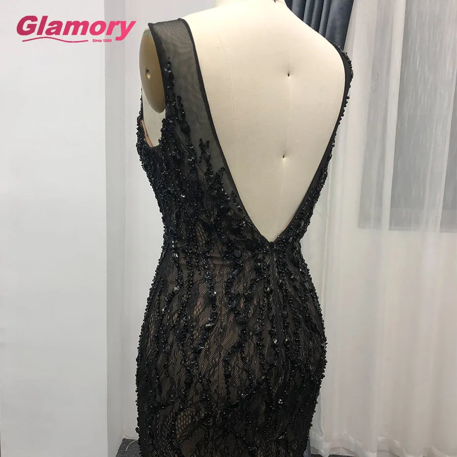 Black Long Patterns of Lace Low Backless Dress With Beads Mermaid Formal Evening Dresses