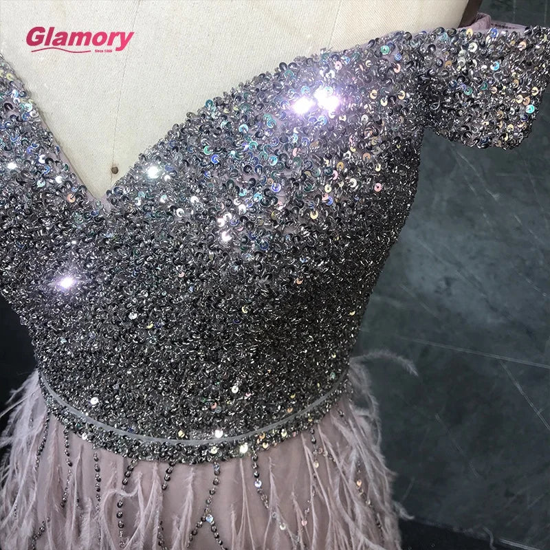Hot Selling Sexy Woman Beading Prom Dresses Off Shoulder Feather Lady Evening Gowns