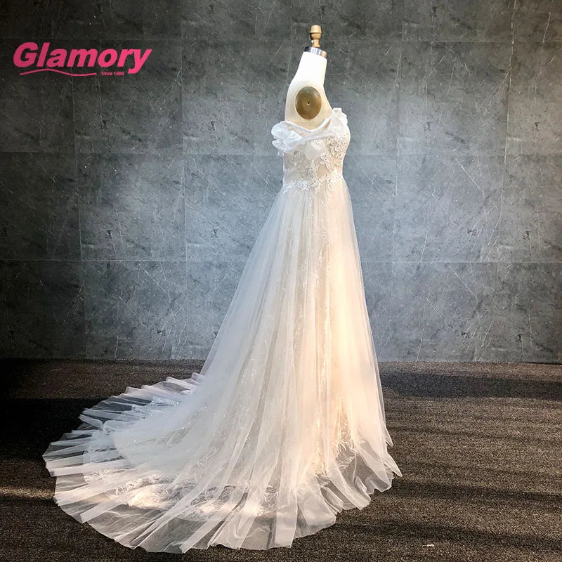 Sexy Off Shoulder A-line Beach 3D Lace a Line Garden Wedding Gown Dress Bridal