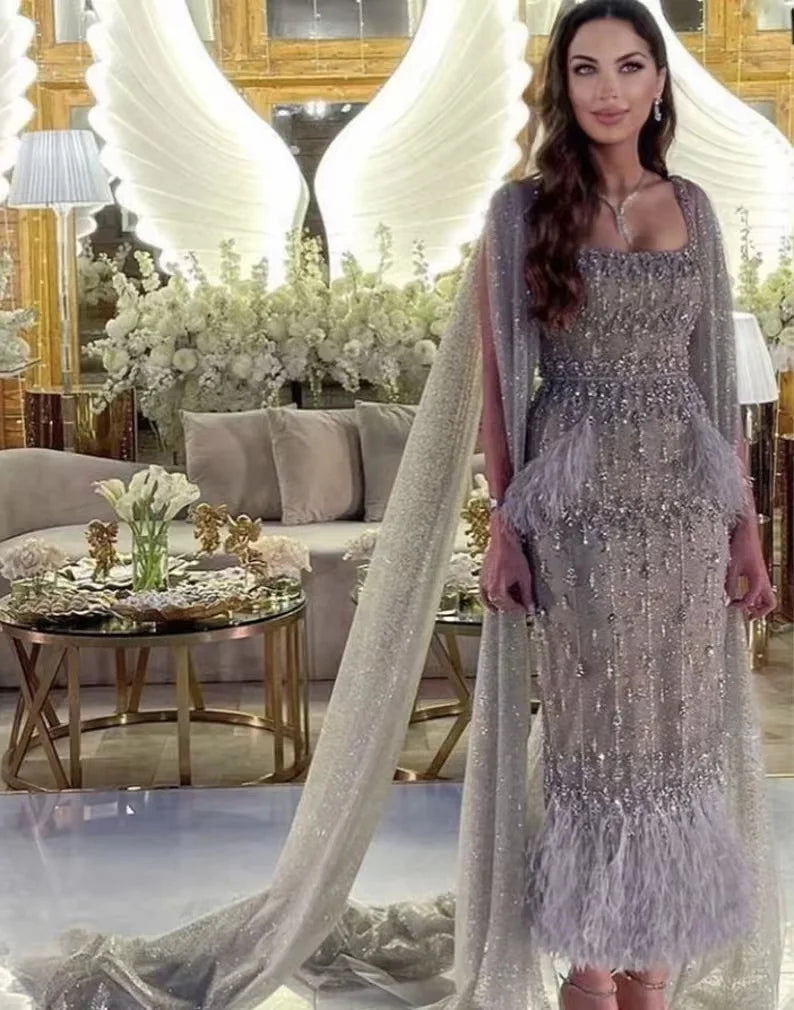 New Mermaid Fashionable Women Crystal Beading Midi Party Dresses High Quality Feather Evening Dresses