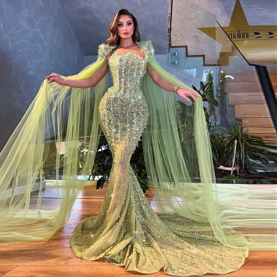 Luxury Beaded Mermaid Lime Green & Blue Evening Dress With Cape Sleeve Arab Women Wedding Party Prom Dress