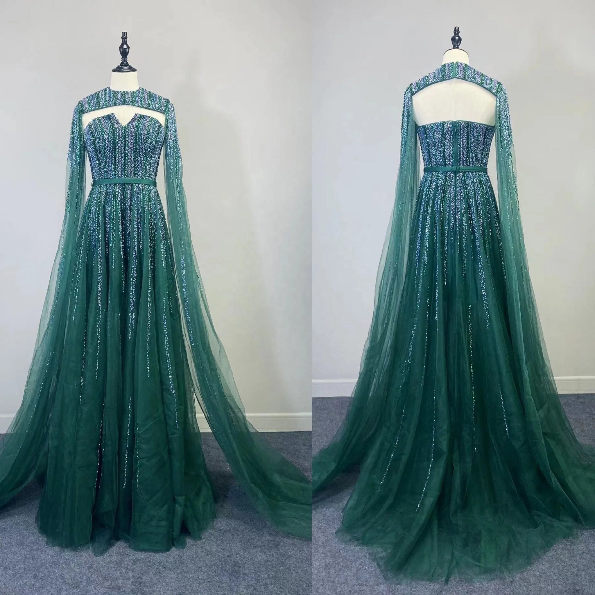 2022 Luxury Beaded V Neck Cape Sleeves A-line Evening Gown for Women Formal Party Dresses Full Natural OEM Service Tulle Adults
