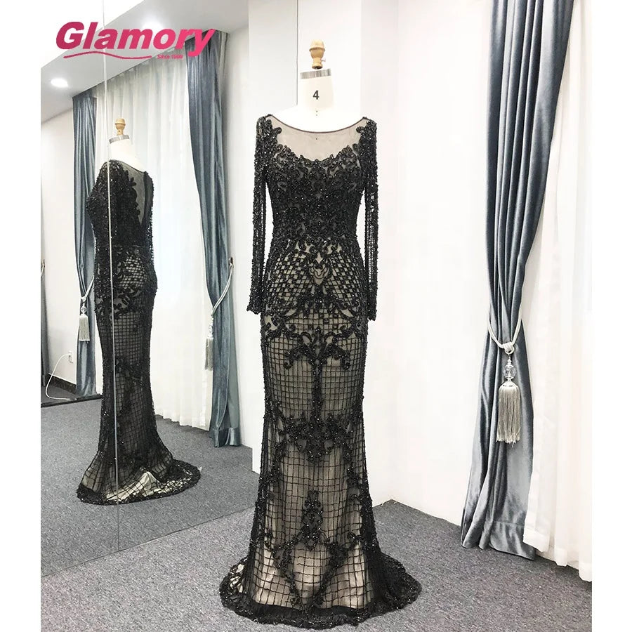 Latest Sleeve Black Dresses Dubai Womens Long Mermaid Prom Luxury Beading Evening Dress