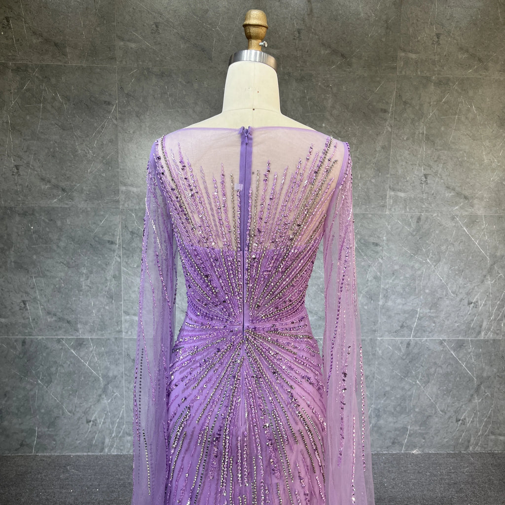 Luxury Dubai Lilac Feathers Beaded Cape Sleeves A-line Evening Gown for Women Wedding Party Dresses