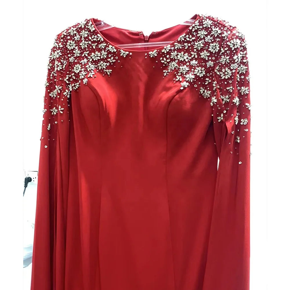 NEW White Mermaid Satin Evening Party Dresses Cape Sleeves Beaded Elegant Theater Opera Gowns for Women