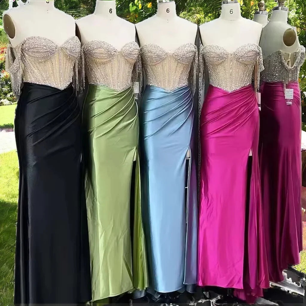 Elegant Off-Shoulder Beaded Evening Dress Satin Floor-Length Prom Dress Tassel Breathable Party-Style Natural Waistline Pleats