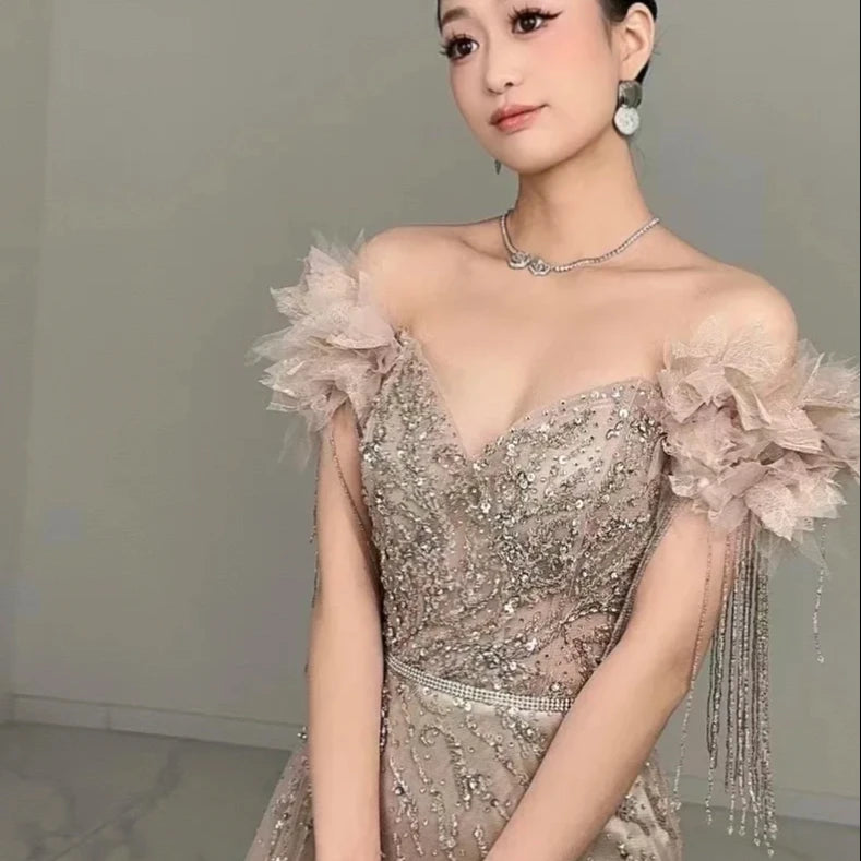 2024 NEW Arabic Dubai Nude Mermaid Luxury Evening Dresses Gowns Boat Neck Beaded Tassel for Women Wedding Party