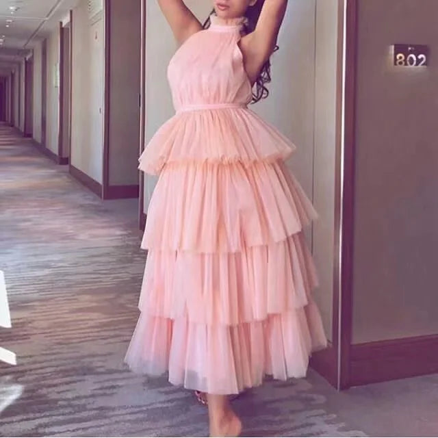 Birthday Party Gown Tea Length Pleated a Line Tulle Pink Halter Bacs Pklesrom Dresses for Women