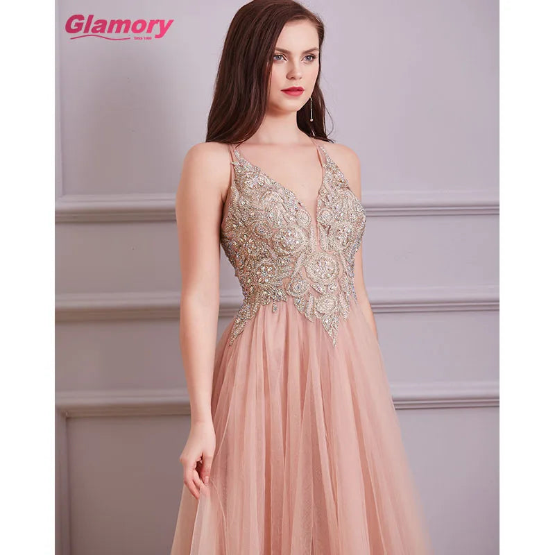 Women Dresses Glamorious Bling Lace Ball Gown V-neck Floor-length Tulle Evening Dress