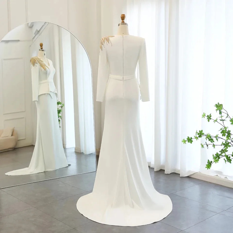 Elegant White Mermaid  MuslimEvening Dress With Long Sleeves Gold Beaded Arab Muslim Women Wedding Party Gowns