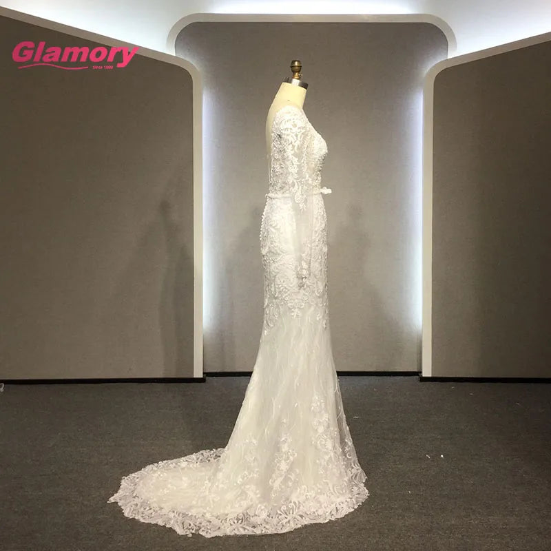 Long Sleeve Saudi Arabia Dresses V-neck Lace Beading Mermaid Wedding Dress With Detachable Train Wedding Gown