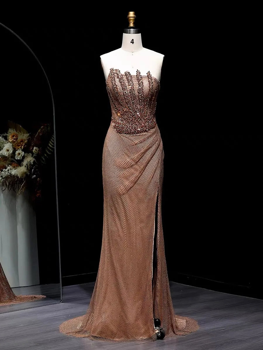 Gold Luxury Dubai Caramel Mermaid Evening for Women 2025 Sparkly Crystal Floor-Length Sweep for Weddings Proms